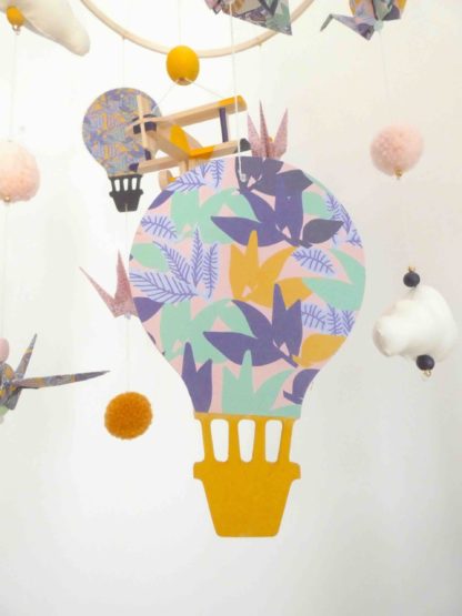 Mobile bébé origami avion et montgolfière, jungle violet, rose et jaune moutarde 16
