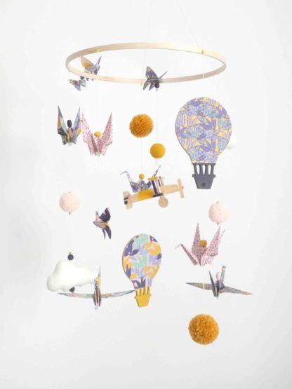 Mobile bébé origami avion et montgolfière, jungle violet, rose et jaune moutarde 21