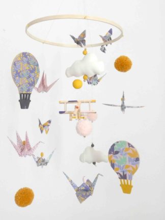 Mobile bébé origami avion et montgolfière, jungle violet, rose et jaune moutarde