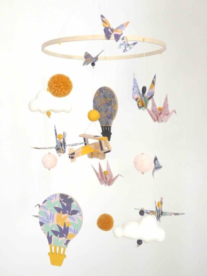 Mobile bébé origami avion et montgolfière, jungle violet, rose et jaune moutarde 22