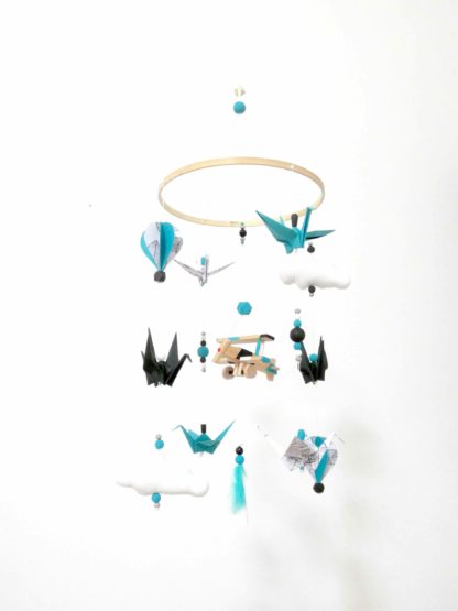 Mobile bébé origami avion et montgolfière turquoise, noir et blanc 19