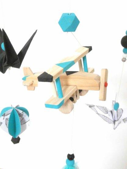 Mobile bébé origami avion et montgolfière turquoise, noir et blanc 23