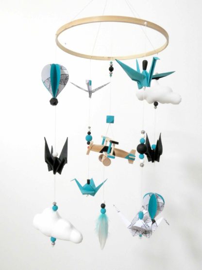 Mobile bébé origami avion et montgolfière turquoise, noir et blanc 20