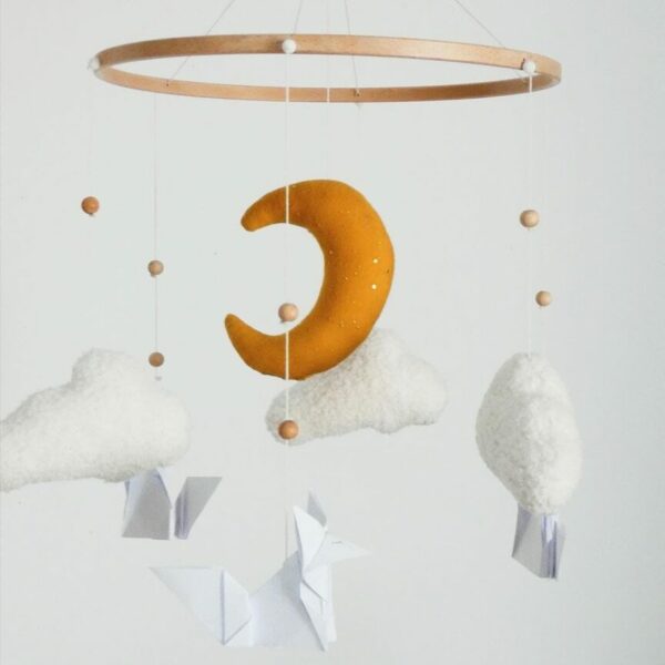 Mobile renard, petit prince, nuages bouclés, mobile pour chambre de bébé, déco minimaliste, lune gaze jaune moutarde